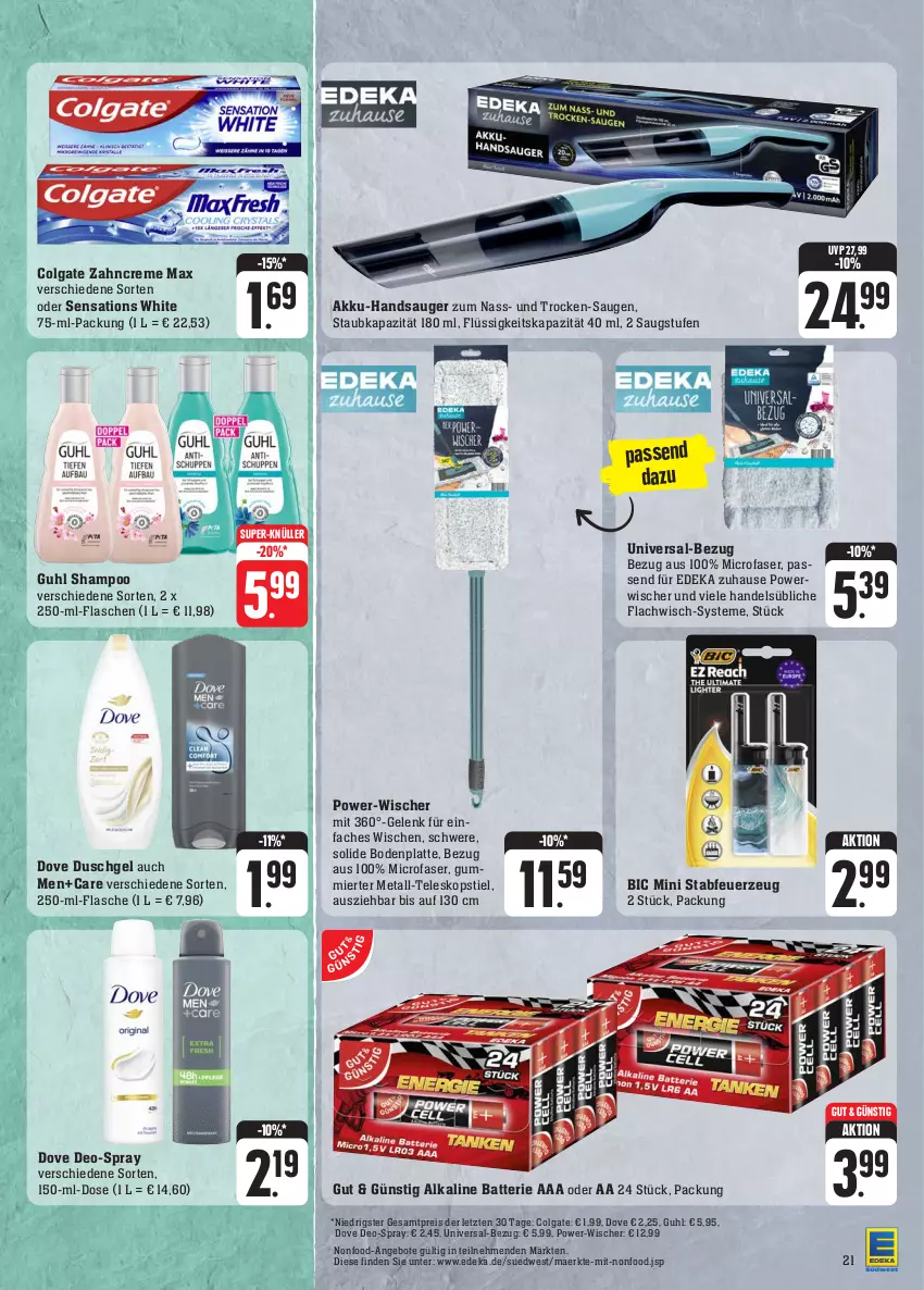 Aktueller Prospekt Edeka - Angebote der Woche - von 02.10 bis 07.10.2023 - strona 21 - produkty: akku, angebot, angebote, batterie, Bodenplatte, colgate, creme, deka, deo, dove, duschgel, eis, Feuerzeug, flasche, Guhl, latte, LG, reis, sensations, shampoo, super-knüller, Teleskop, teleskopstiel, Ti, zahncreme, ZTE