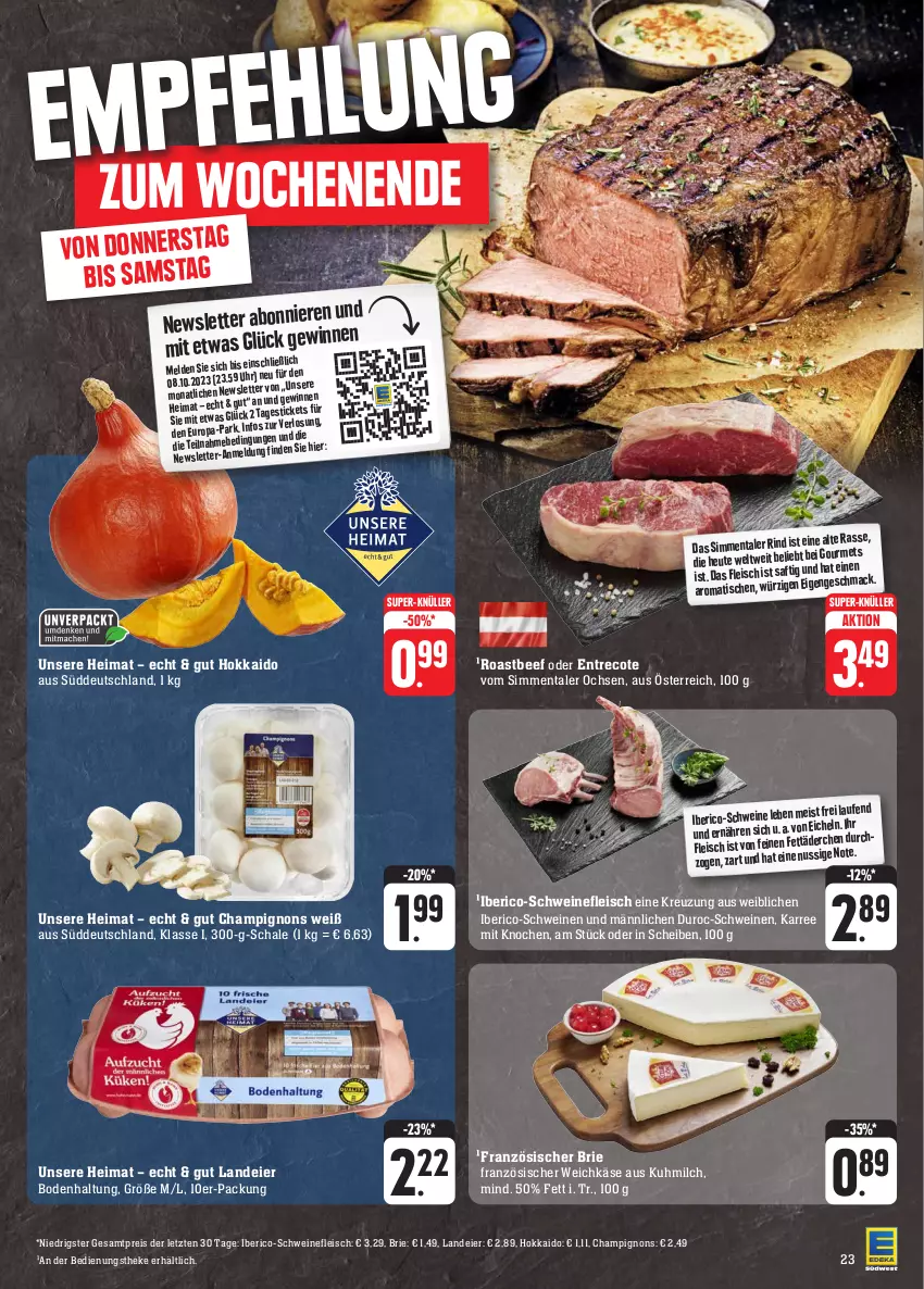 Aktueller Prospekt Edeka - Angebote der Woche - von 02.10 bis 07.10.2023 - strona 24 - produkty: beef, brie, champignon, champignons, eier, eis, fleisch, französischer weichkäse, Heu, Käse, Laufen, mac, milch, nuss, reis, rind, roastbeef, saft, Schal, Schale, schwein, schweine, schweinefleisch, sim, super-knüller, Ti, tisch, uhr, weichkäse, wein, weine, ZTE