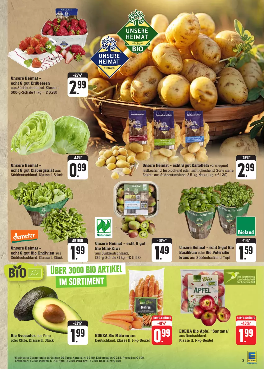 Aktueller Prospekt Edeka - Angebote der Woche - von 02.10 bis 07.10.2023 - strona 3 - produkty: avocado, avocados, basilikum, beere, beeren, beutel, bio, deka, edeka bio, eis, eisbergsalat, erdbeere, erdbeeren, kartoffel, kartoffeln, kiwi, mehl, möhren, petersilie, reis, salat, Schal, Schale, super-knüller, Ti, topf, ZTE