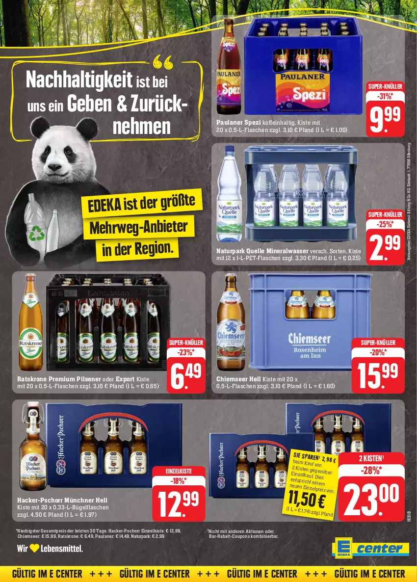 Aktueller Prospekt Edeka - Angebote der Woche - von 02.10 bis 07.10.2023 - strona 33 - produkty: Alwa, bügel, bügelflasche, coupon, coupons, deka, eis, elle, ente, flasche, krone, mineralwasser, natur, Naturpark Quelle, Paula, paulaner, pet-flasche, pet-flaschen, pils, pilsener, premium pils, rabatt-coupon, reis, rwe, Spezi, südwest, super-knüller, Ti, wasser, ZTE