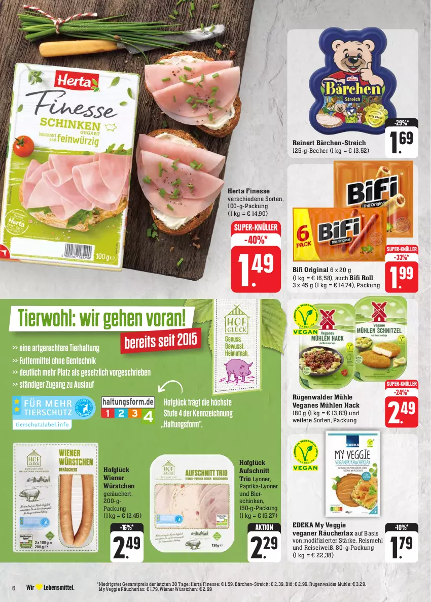 Aktueller Prospekt Edeka - Angebote der Woche - von 02.10 bis 07.10.2023 - strona 6 - produkty: aufschnitt, Becher, bier, bierschinken, bifi, deka, eis, finesse, gin, herta, herta finesse, lyoner, mehl, nuss, paprika, reinert, reis, rügenwalder, rügenwalder mühle, schinken, super-knüller, Ti, veggie, wiener, wiener würstchen, würstchen, Yo, ZTE