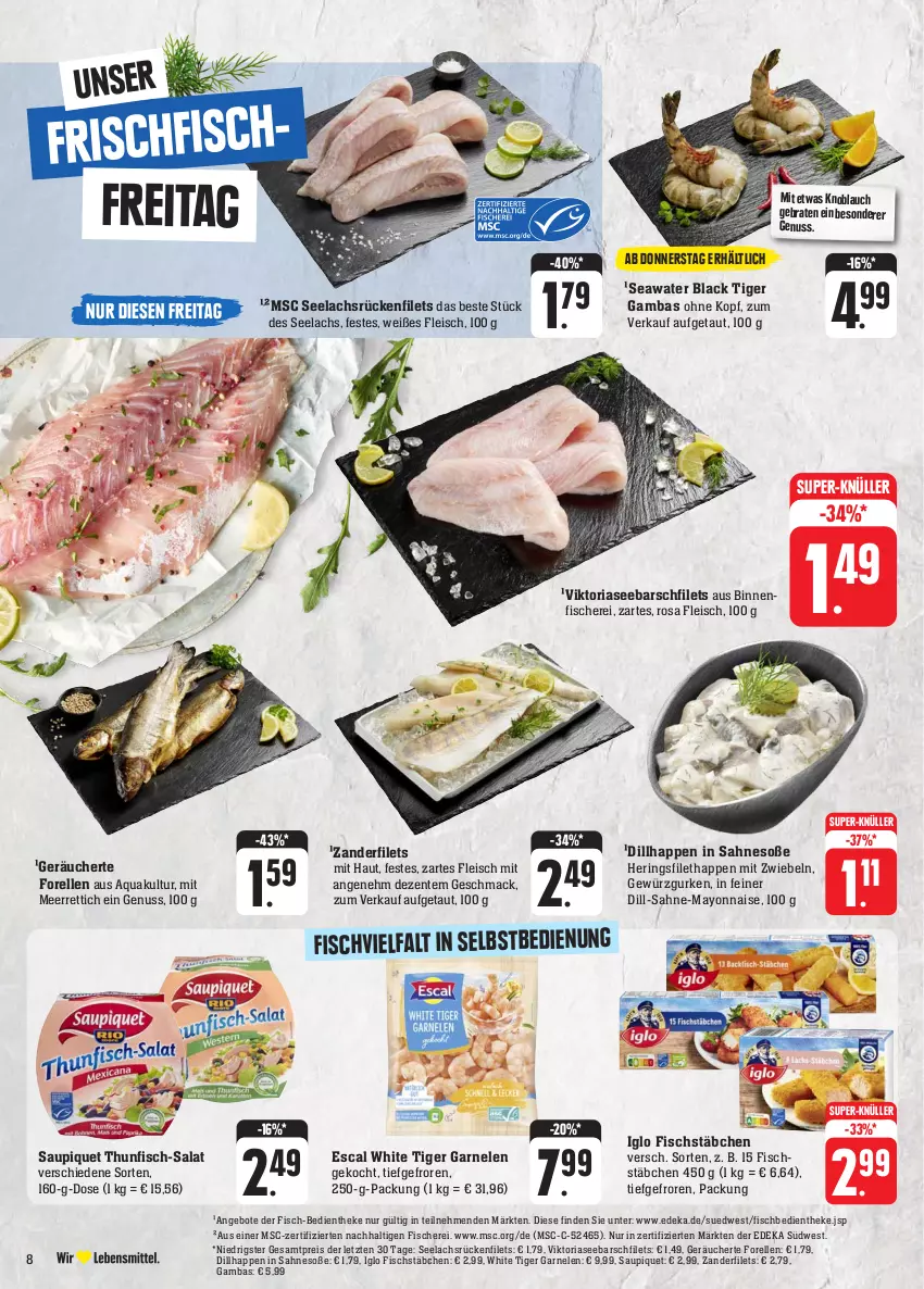 Aktueller Prospekt Edeka - Angebote der Woche - von 02.10 bis 07.10.2023 - strona 8 - produkty: angebot, angebote, aqua, braten, deka, eis, elle, ente, escal, filet, filets, fisch, fische, Fischer, fischstäbchen, fleisch, forelle, frischfisch, garnelen, gewürz, Gewürzgurke, gewürzgurken, gurke, gurken, hering, Herings, iglo, knoblauch, lachs, lack, mac, mayonnaise, meerrettich, mit zwiebeln, nuss, reis, rel, Rettich, Ria, ring, sahne, salat, saupiquet, Schere, Soße, südwest, super-knüller, thunfisch, Ti, Yo, Zander, Zanderfilets, ZTE, zwiebel, zwiebeln