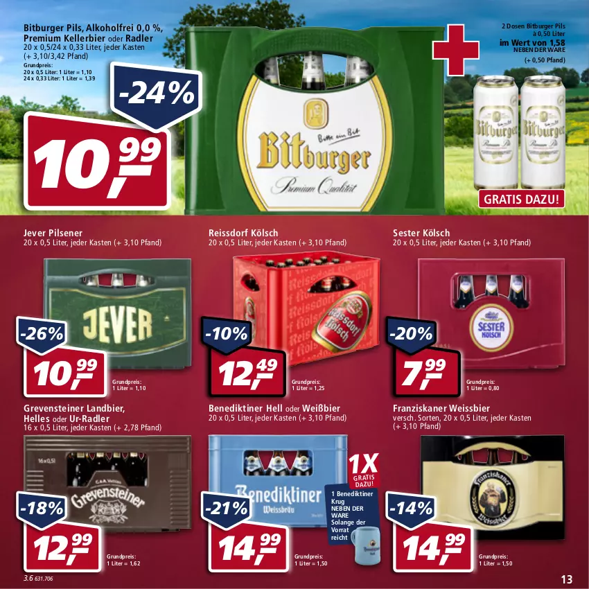 Aktueller Prospekt Real - von 25.04 bis 30.04.2022 - strona 13 - produkty: alkohol, Benediktiner, bier, bitburger, bitburger pils, burger, eis, elle, franziskaner, grevensteiner, jever, jever pilsener, kellerbier, oder radler, pils, pilsener, radler, reis, reiss, ssd, steiner, Ti, weissbier