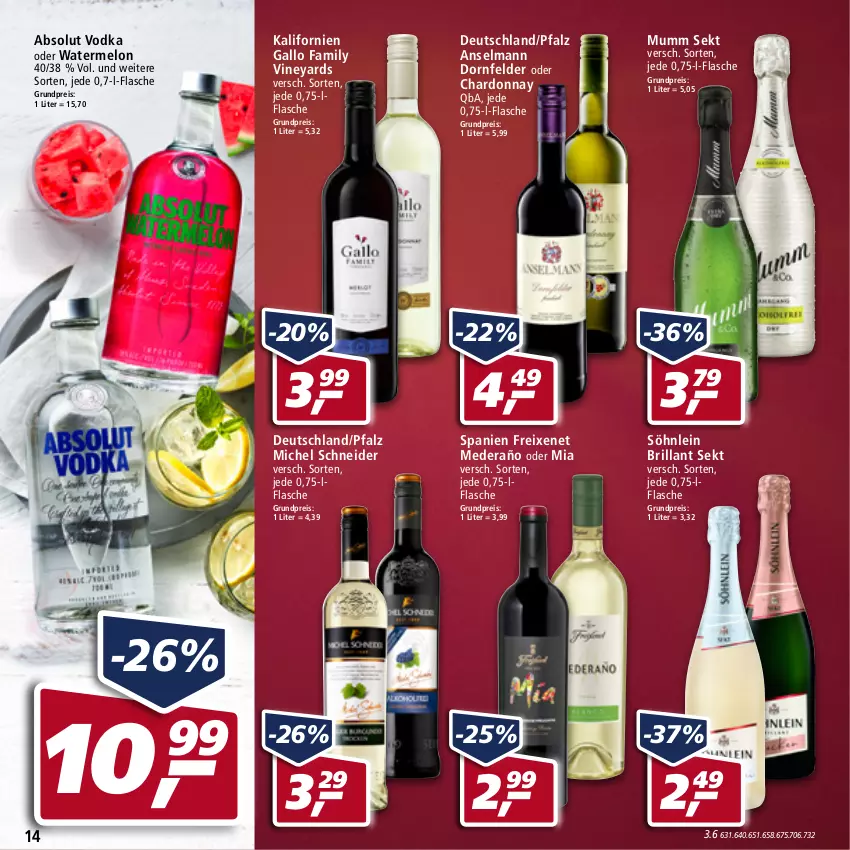 Aktueller Prospekt Real - von 25.04 bis 30.04.2022 - strona 14 - produkty: Absolut Vodka, brillant sekt, chardonnay, dornfelder, eis, flasche, freixenet, gallo, gallo family, Michel Schneider, mumm, reis, sekt, söhnlein, söhnlein brillant, vodka