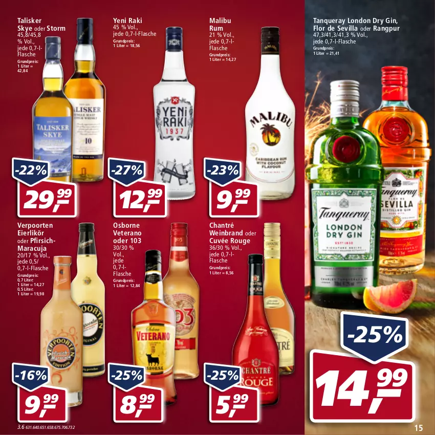 Aktueller Prospekt Real - von 25.04 bis 30.04.2022 - strona 15 - produkty: chantré, cuvée, dry gin, eier, eierlikör, eis, flasche, gin, likör, london dry, london dry gin, Malibu, maracuja, osborne, pfirsich, reis, rouge, rum, Tanqueray, verpoorten, veterano, wein, weinbrand, yeni raki