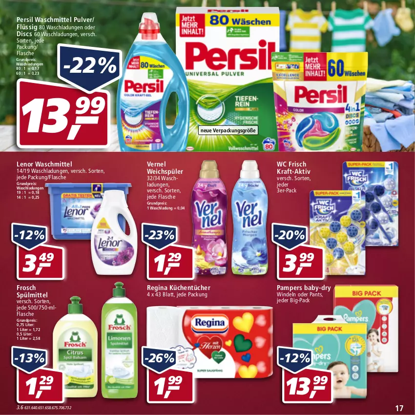 Aktueller Prospekt Real - von 25.04 bis 30.04.2022 - strona 17 - produkty: baby-dry, eis, flasche, Frosch, gin, kraft, küche, Küchen, küchentücher, lenor, lenor waschmittel, pampers, Pants, persil, persil waschmittel, reis, spülmittel, Ti, tücher, vernel, waschmittel, wc frisch, weichspüler, windeln, windeln oder pants