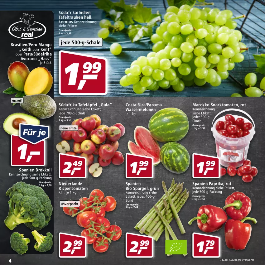 Aktueller Prospekt Real - von 25.04 bis 30.04.2022 - strona 4 - produkty: avocado, bio, brokkoli, eimer, eis, mango, melone, melonen, paprika, reis, rispentomaten, Schal, Schale, snack, spargel, tafeläpfel, tafeltrauben, Ti, tomate, tomaten, trauben, wasser, wassermelone, wassermelonen