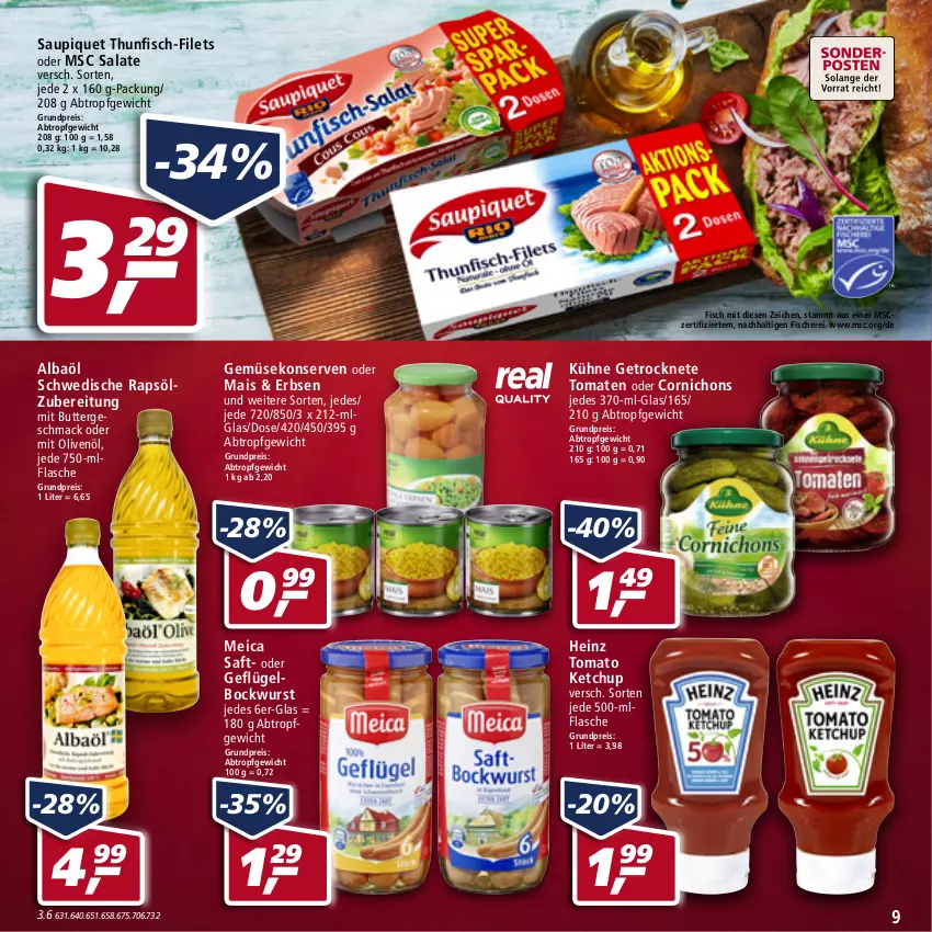 Aktueller Prospekt Real - von 25.04 bis 30.04.2022 - strona 9 - produkty: bockwurst, butter, eis, erbsen, filet, filets, fisch, fische, Fischer, flasche, Geflügel, Gemüsekonserve, Getrocknete Tomaten, heinz, ketchup, Konserven, Kühne, LG, mac, mais, meica, olive, oliven, olivenöl, rapsöl, reis, saft, salat, salate, saupiquet, Schere, thunfisch, Ti, tomate, tomaten, tomato ketchup, wurst