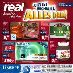 Gazetka promocyjna Real - Gazetka - ważna od 30.04 do 30.04.2022 - strona 1 - produkty: Brei, coupon, creme, dvb, DVB-T, eis, elle, ente, gewürz, HDMI, Nackensteak, nackensteaks, natur, nuss, nutella, payback, Receiver, reis, rum, Samsung, Samsung TV, schwein, schweine, schweinenacken, Spektrum, steak, steaks, teller, Ti, usb, wein, weine