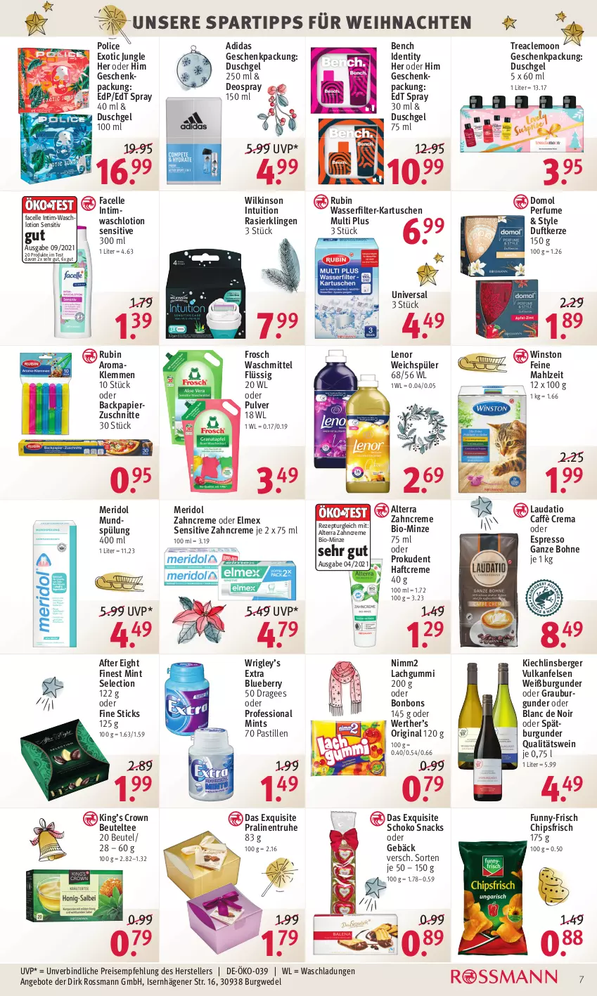 Aktueller Prospekt Rossmann - Prospekte - von 20.12 bis 24.12.2021 - strona 7 - produkty: Adidas, after eight, alterra, angebot, angebote, asti, Berger, beutel, bio, blueberry, bohne, bonbons, burgunder, caffè crema, chips, chipsfrisch, creme, deo, deospray, deospray 150 ml, Domol, Duftkerze, duschgel, edt spray, eis, elle, elmex, espresso, Facelle, Frosch, funny-frisch, geschenkpackung, gin, grauburgunder, Haftcreme, kerze, lachgummi, lenor, lenor weichspüler, Lotion, meridol, mint, minze, mundspülung, nimm2, oder espresso, papier, pralinen, Prokudent, qualitätswein, Rasierklinge, rasierklingen, reis, rezept, Rubin, schoko, snack, snacks, spartipp, spätburgunder, spülung, tee, teller, Ti, Waschlotion, waschmittel, wasser, wasserfilter, wedel, weichspüler, weihnachten, wein, Weißburgunder, wilkinson, zahncreme