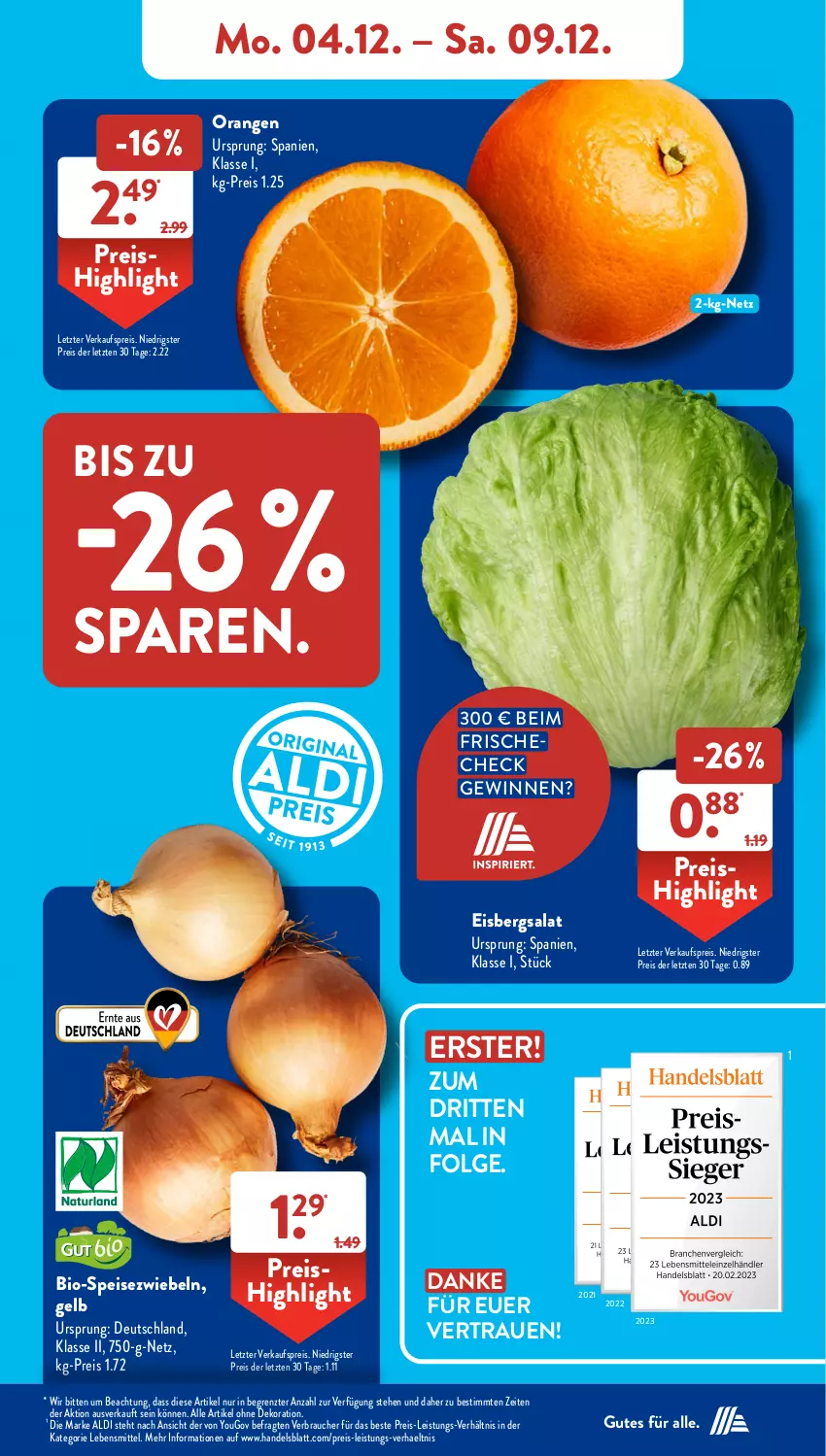 Aktueller Prospekt AldiSud - NÄCHSTE WOCHE - von 04.12 bis 09.12.2023 - strona 5 - produkty: aldi, alle artikel ohne dekoration, bio, dekoration, eis, eisbergsalat, lebensmittel, LG, orange, orangen, Rauch, reis, salat, Speisezwiebeln, Ti, Yo, ZTE, zwiebel, zwiebeln