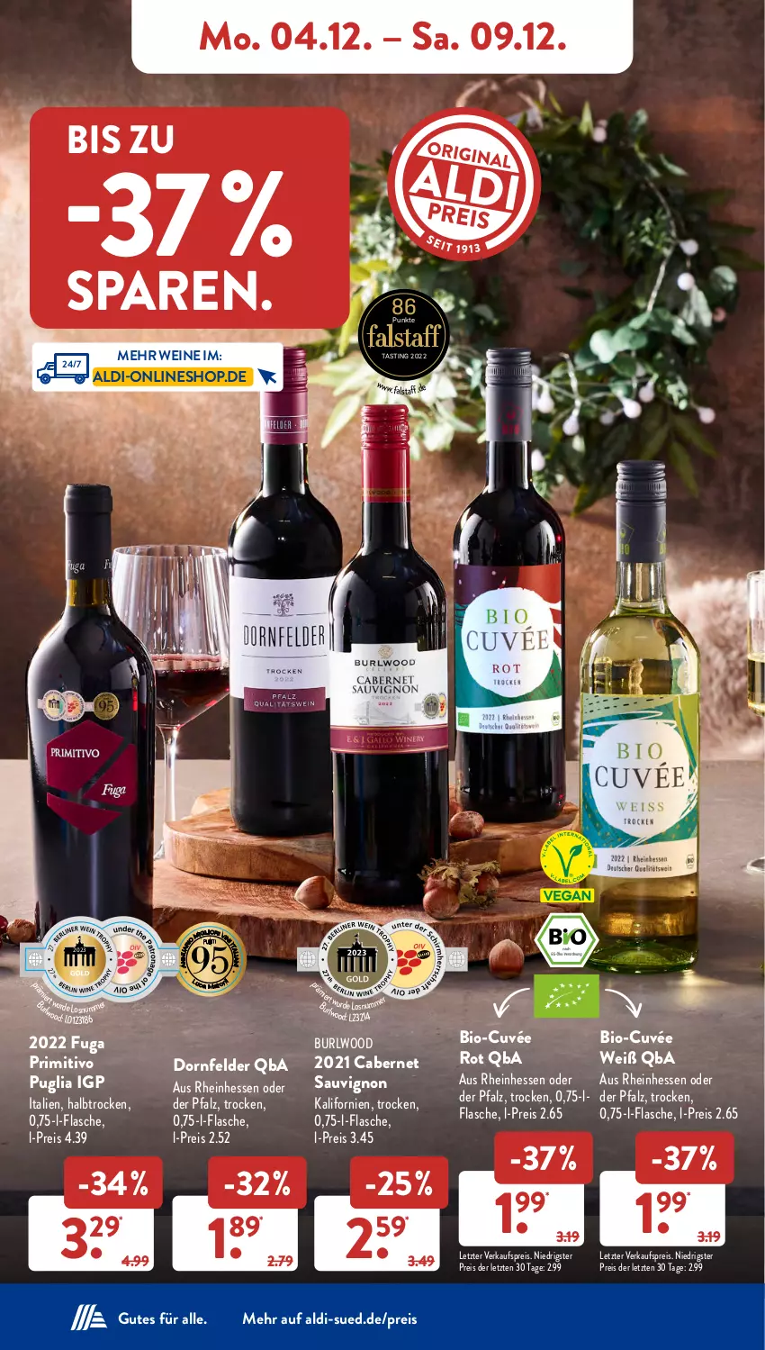 Aktueller Prospekt AldiSud - NÄCHSTE WOCHE - von 04.12 bis 09.12.2023 - strona 8 - produkty: aldi, asti, bio, cabernet, cabernet sauvignon, cuvée, dornfelder, eis, flasche, primitivo, reis, sauvignon, Ti, wein, weine, ZTE