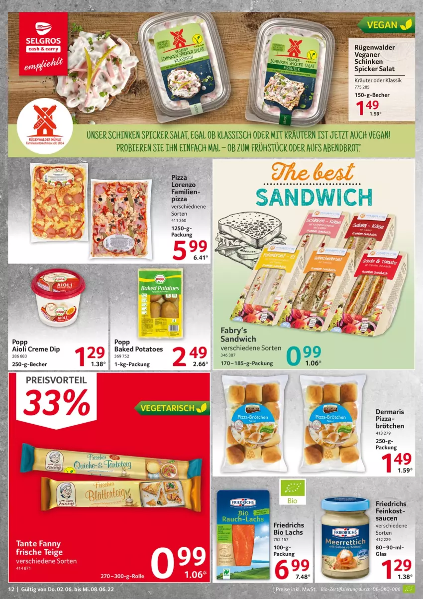 Aktueller Prospekt Selgros - Food - von 02.06 bis 08.06.2022 - strona 12 - produkty: aioli, baked potatoes, Becher, bio, brot, brötchen, creme, dip, eis, feinkost, kräuter, lachs, meerrettich, pizza, potatoes, preisvorteil, reis, Rettich, rügenwalder, salat, sauce, saucen, schinken, schinken spicker, Ti