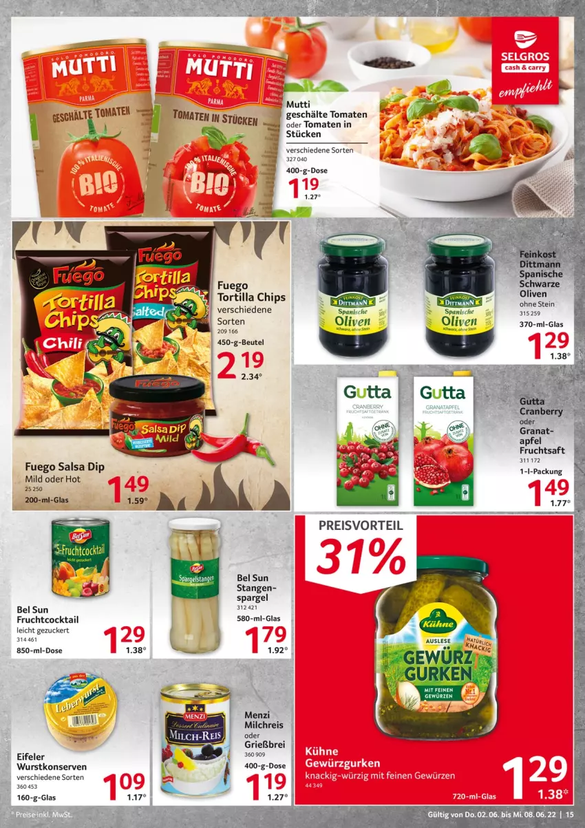 Aktueller Prospekt Selgros - Food - von 02.06 bis 08.06.2022 - strona 15 - produkty: apfel, beutel, Brei, chips, cocktail, dip, eis, frucht, fruchtsaft, gewürz, grana, Konserven, milch, milchreis, Mutti, olive, oliven, Rana, reis, saft, Salsa, spargel, Ti, tomate, tomaten, tortilla, Tortilla Chips, wurst, wurstkonserven, zucker