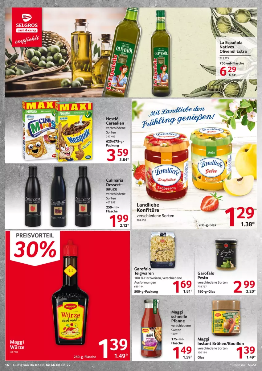 Aktueller Prospekt Selgros - Food - von 02.06 bis 08.06.2022 - strona 16 - produkty: Brühe, cerealien, culinaria, dessert, eis, elle, flasche, hartweizen, konfitüre, landliebe, maggi, natives olivenöl, olive, oliven, olivenöl, olivenöl extra, pesto, pfanne, preisvorteil, reis, Ria, sauce, tee, teigwaren, Ti