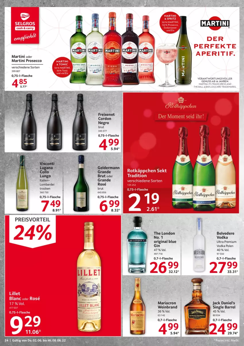 Aktueller Prospekt Selgros - Food - von 02.06 bis 08.06.2022 - strona 24 - produkty: ball, brut, ecco, eis, flasche, freixenet, geldermann, gin, jack daniel, jack daniel's, mariacron, martini, nuss, preisvorteil, prosecco, reis, rel, Ria, Ti, vodka, wein, weinbrand