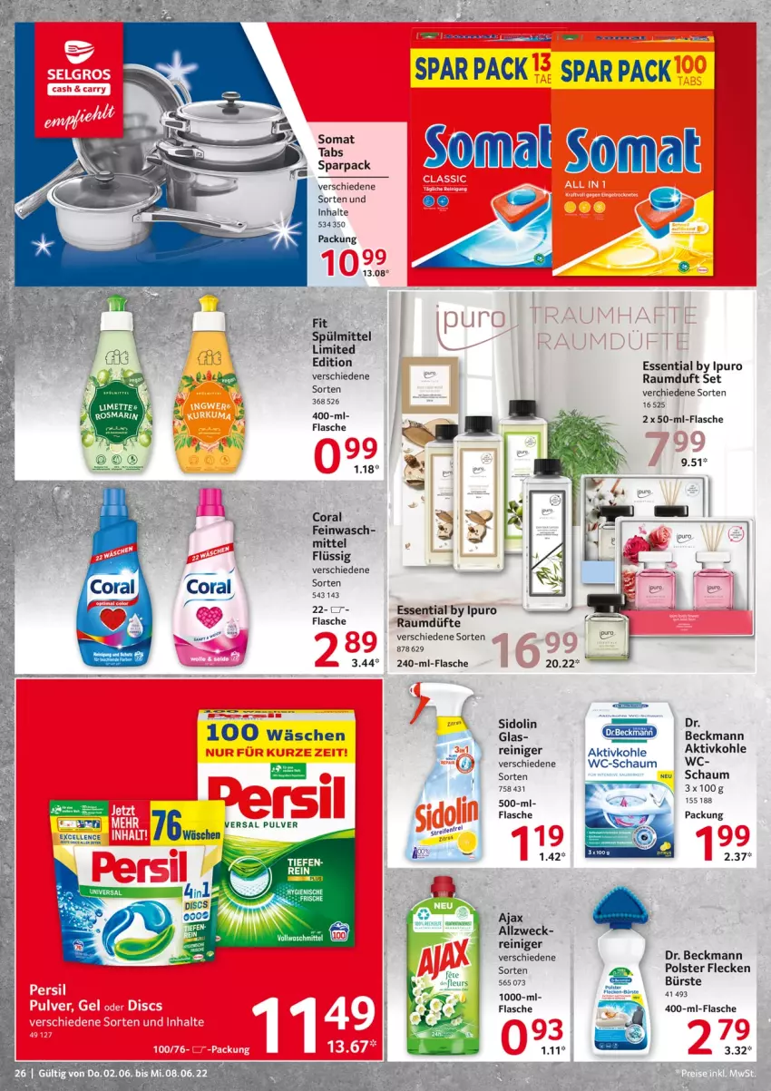 Aktueller Prospekt Selgros - Food - von 02.06 bis 08.06.2022 - strona 26 - produkty: ajax, bürste, Coral, Dr. Beckmann, elle, flasche, Ipuro, Raumduft, reiniger, sidolin, somat, spülmittel, Ti, weck