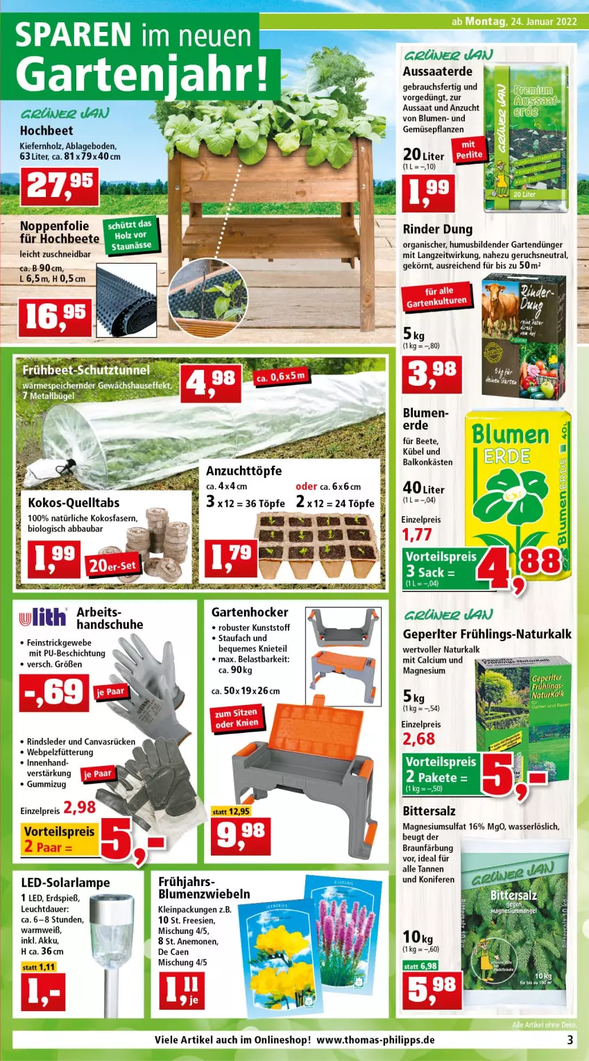 Aktueller Prospekt Thomas Philipps - Prospektwerbung - von 24.01 bis 29.01.2022 - strona 3 - produkty: akku, arla, auer, blume, blumen, braun, Calcium, dünger, eis, erde, Garten, grüner jan, handschuhe, hocker, Holz, Konifere, Lampe, magnesium, natur, pflanze, pflanzen, Rauch, reis, rind, rinder, sac, salz, schuhe, solarlampe, tee, Ti, und gemüse, usb, vorteilspreis, wasser, zwiebel, zwiebeln