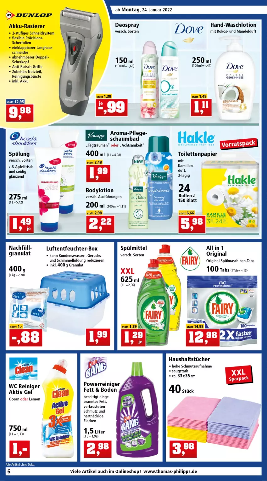 Aktueller Prospekt Thomas Philipps - Prospektwerbung - von 24.01 bis 29.01.2022 - strona 6 - produkty: akku, aktiv gel, apfel, Bad, body, body lotion, bodylotion, bürste, deo, deospray, dove, dunlop, gin, haushaltstücher, Kamill, kamille, kokos, Lotion, Luftentfeuchter, mandel, papier, rasierer, reiniger, Reinigung, reinigungsbürste, schaumbad, spülmaschinen, spülmittel, spülung, Ti, toilettenpapier, tücher, Waschlotion, wasser, ZTE