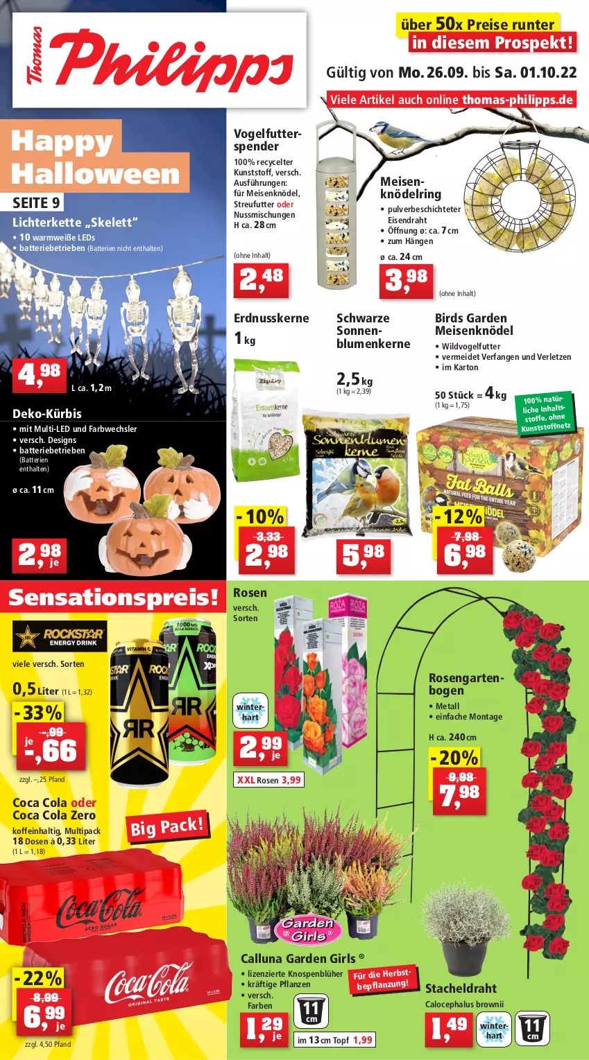 Aktueller Prospekt Thomas Philipps - Prospektwerbung - von 26.09 bis 01.10.2022 - strona 1 - produkty: batterie, batterien, blume, blumen, cola, Draht, eis, erdnuss, Garten, Kette, Knödel, Kürbis, leds, lichterkette, Meisenknödel, nuss, pflanze, pflanzen, reis, ring, rosen, sensations, sonnenblume, sonnenblumen, Sonnenblumenkerne, Streufutter, Ti, topf, Vogelfutter, Wild