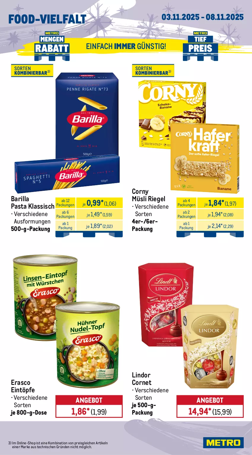 Aktueller Prospekt Metro - Wochen-Angebote - von 03.10 bis 08.11.2025 - strona 13 - produkty: angebot, barilla, corny, eintöpfe, eis, erasco, lindor, müsli, pasta, reis, riegel, Ti