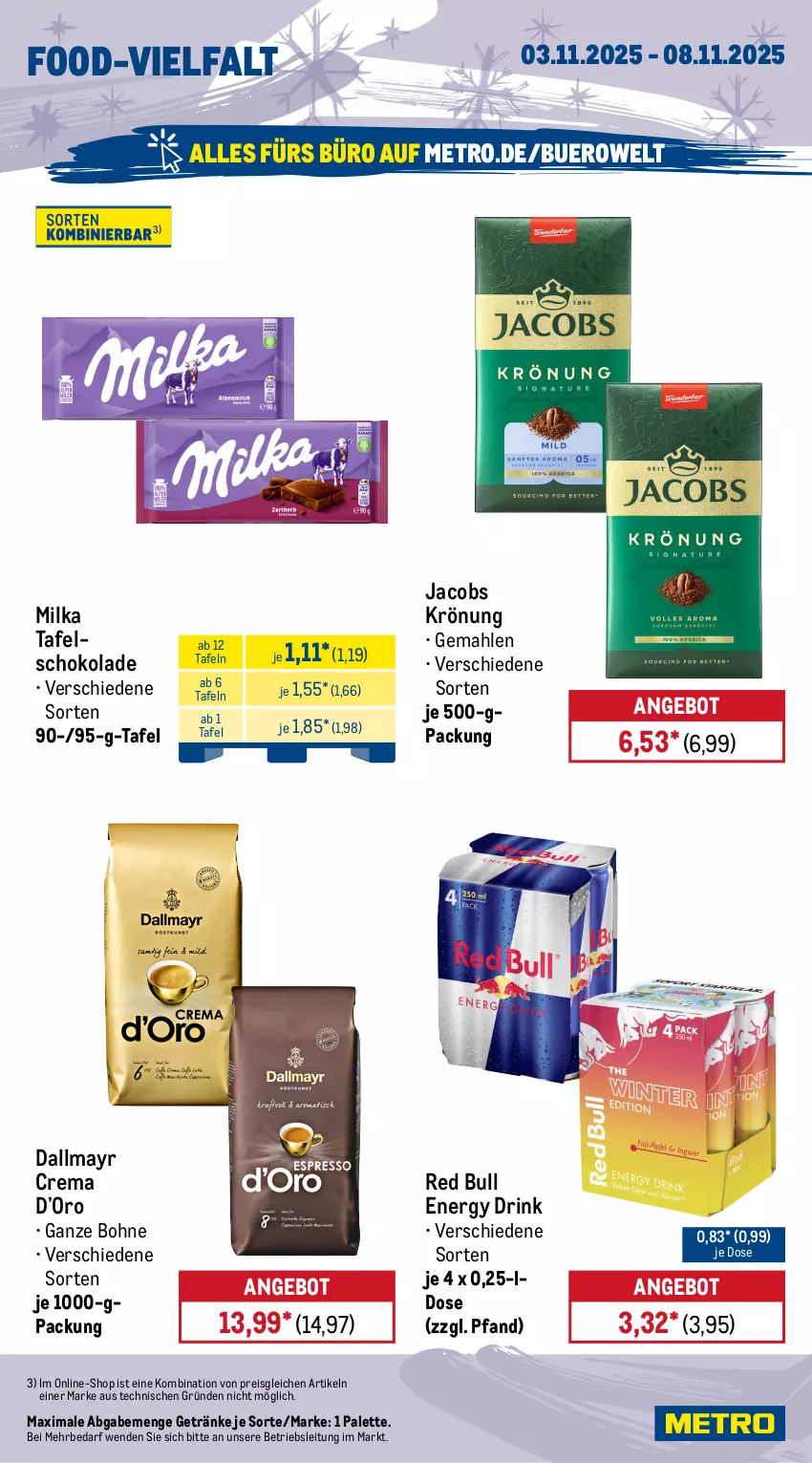Aktueller Prospekt Metro - Wochen-Angebote - von 03.10 bis 08.11.2025 - strona 14 - produkty: angebot, bohne, dallmayr, drink, eis, energy drink, getränk, getränke, jacobs, jacobs krönung, Metro, milka, Palette, red bull, reis, schoko, schokolade, tafelschokolade, Ti
