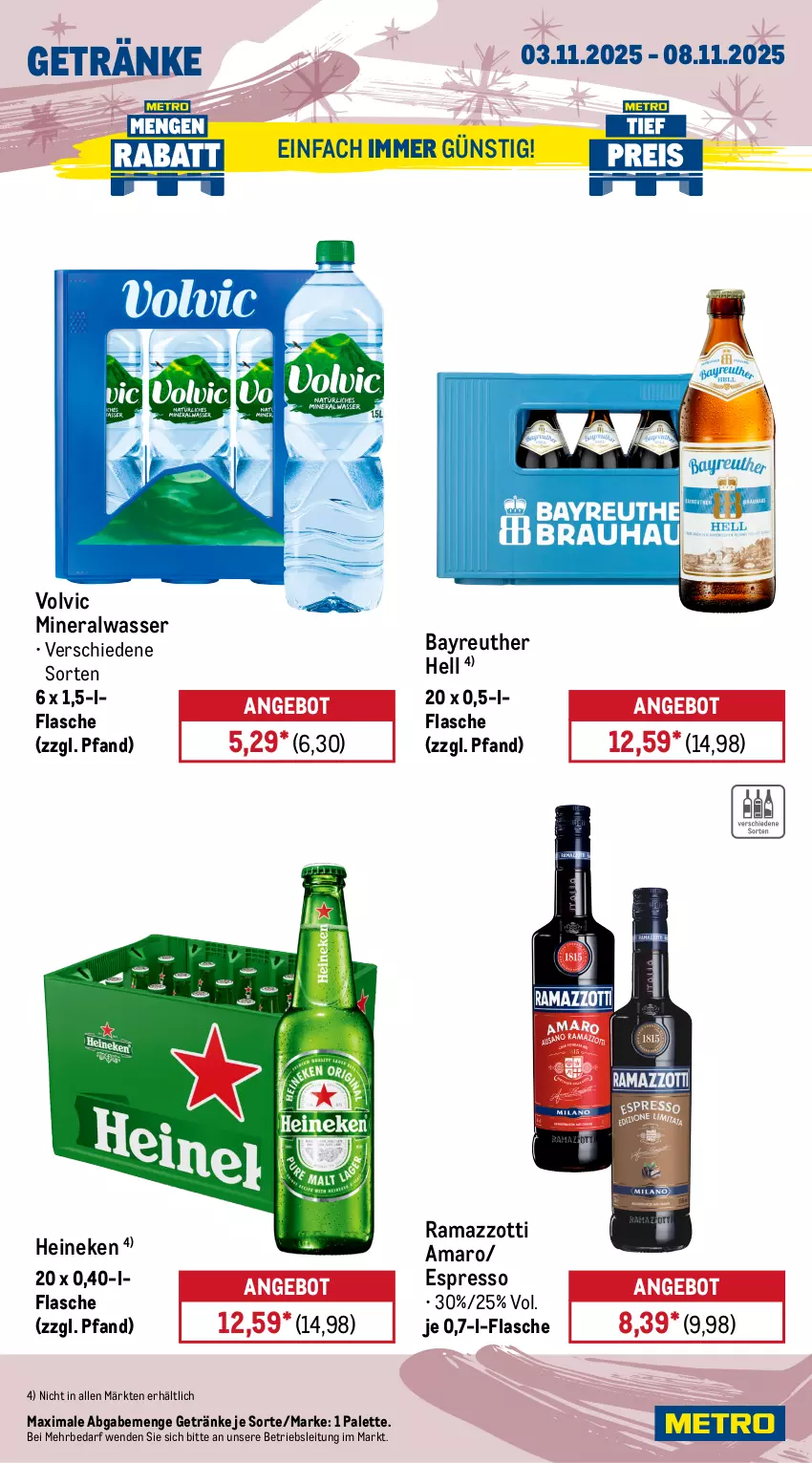 Aktueller Prospekt Metro - Wochen-Angebote - von 03.10 bis 08.11.2025 - strona 15 - produkty: Alwa, amaro, angebot, espresso, flasche, getränk, getränke, heineken, mineralwasser, Palette, rama, ramazzott, ramazzotti, Ti, volvic, wasser, zott