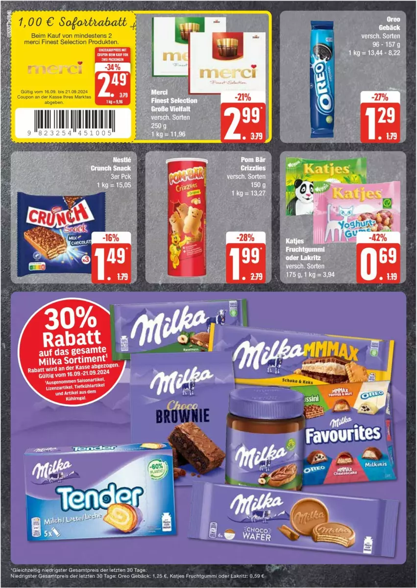 Aktueller Prospekt Edeka - Prospekte - von 16.09 bis 21.09.2024 - strona 16 - produkty: coupon, eis, frucht, fruchtgummi, katjes, Lakritz, merci, oder lakritz, oreo, reis, Ti, ZTE