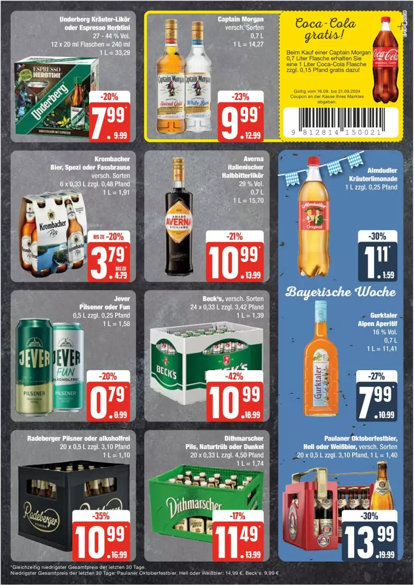 Aktueller Prospekt Edeka - Prospekte - von 16.09 bis 21.09.2024 - strona 19 - produkty: beck's, bier, brause, Brei, Cap, captain morgan, coca-cola, cola, eier, eis, fassbrause, flasche, kräuter, limo, limonade, natur, Paula, paulaner, pils, pilsener, reis, Spezi, Ti, ZTE