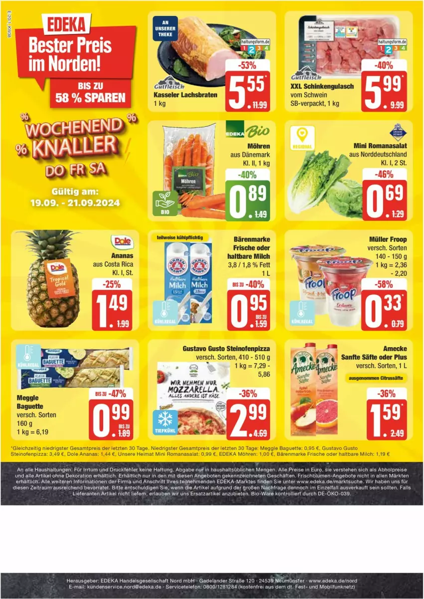 Aktueller Prospekt Edeka - Prospekte - von 16.09 bis 21.09.2024 - strona 20 - produkty: alle artikel ohne dekoration, amecke, ananas, baguette, bärenmarke, blume, blumen, braten, citrus, deka, dekoration, eis, Elan, fleisch, froop, gulasch, gutfleisch, haltbare milch, kasseler, lachs, Lachsbraten, meggle, milch, möhren, mozzarella, Müller, müller froop, Ofen, pizza, reis, rel, Romanasalat, säfte, salat, schinken, schwein, steinofen, telefon, Ti, wein, ZTE