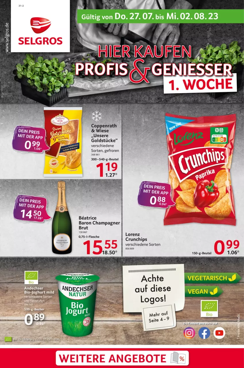 Aktueller Prospekt Selgros - Food - von 27.07 bis 02.08.2023 - strona 1 - produkty: beutel, brut, champagne, champagner, chips, coppenrath, crunchips, flasche, Goldstücke, joghur, joghurt, joghurt mild, Vegeta