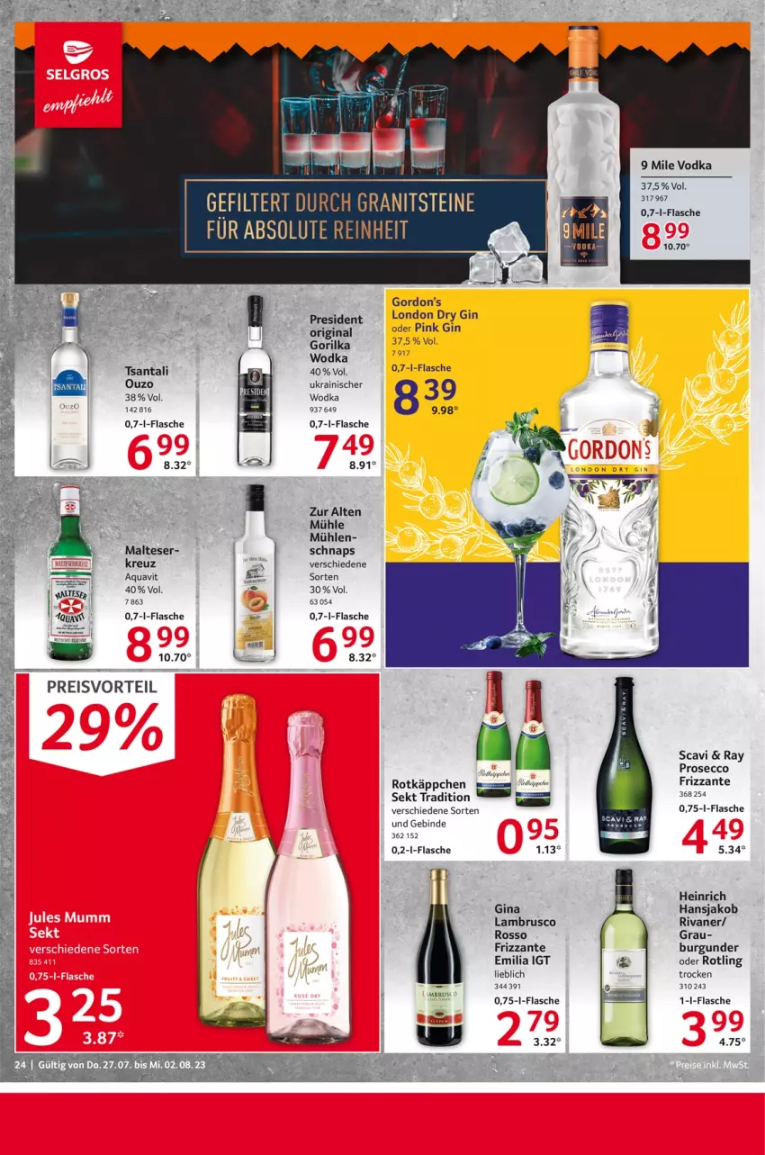 Aktueller Prospekt Selgros - Food - von 27.07 bis 02.08.2023 - strona 24 - produkty: aqua, aquavit, burgunder, dry gin, ecco, eis, flasche, frizzante, gin, gordon, Gordon’s, jako, Lambrusco, london dry, london dry gin, malteser, ouzo, preisvorteil, prosecco, reis, Rivaner, rotkäppchen, sekt, Ti, vodka, wodka