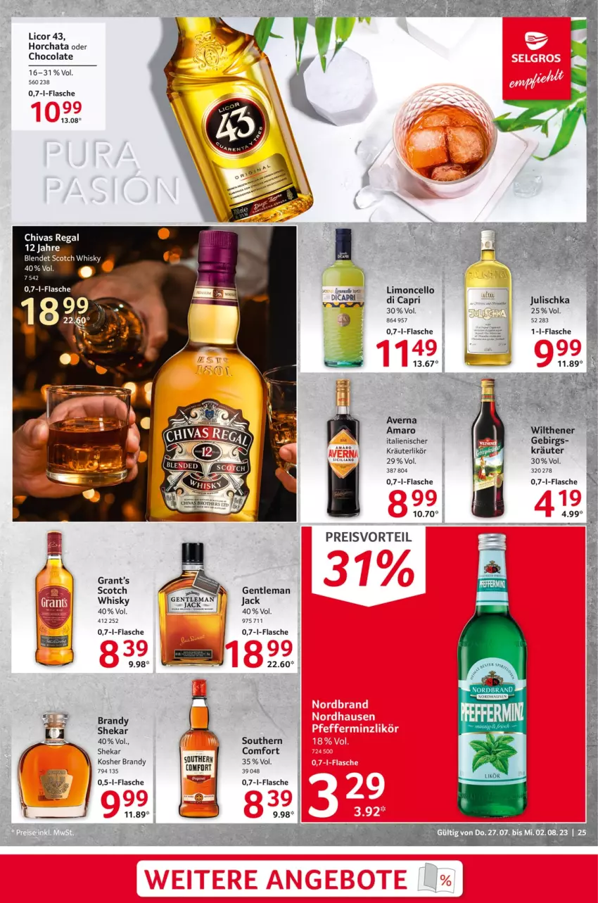 Aktueller Prospekt Selgros - Food - von 27.07 bis 02.08.2023 - strona 25 - produkty: amaro, averna, Cap, cola, eis, flasche, Julischka, kräuter, kräuterlikör, licor, licor 43, likör, limo, Limoncello di Capri, preisvorteil, regal, reis, scotch, scotch whisky, whisky