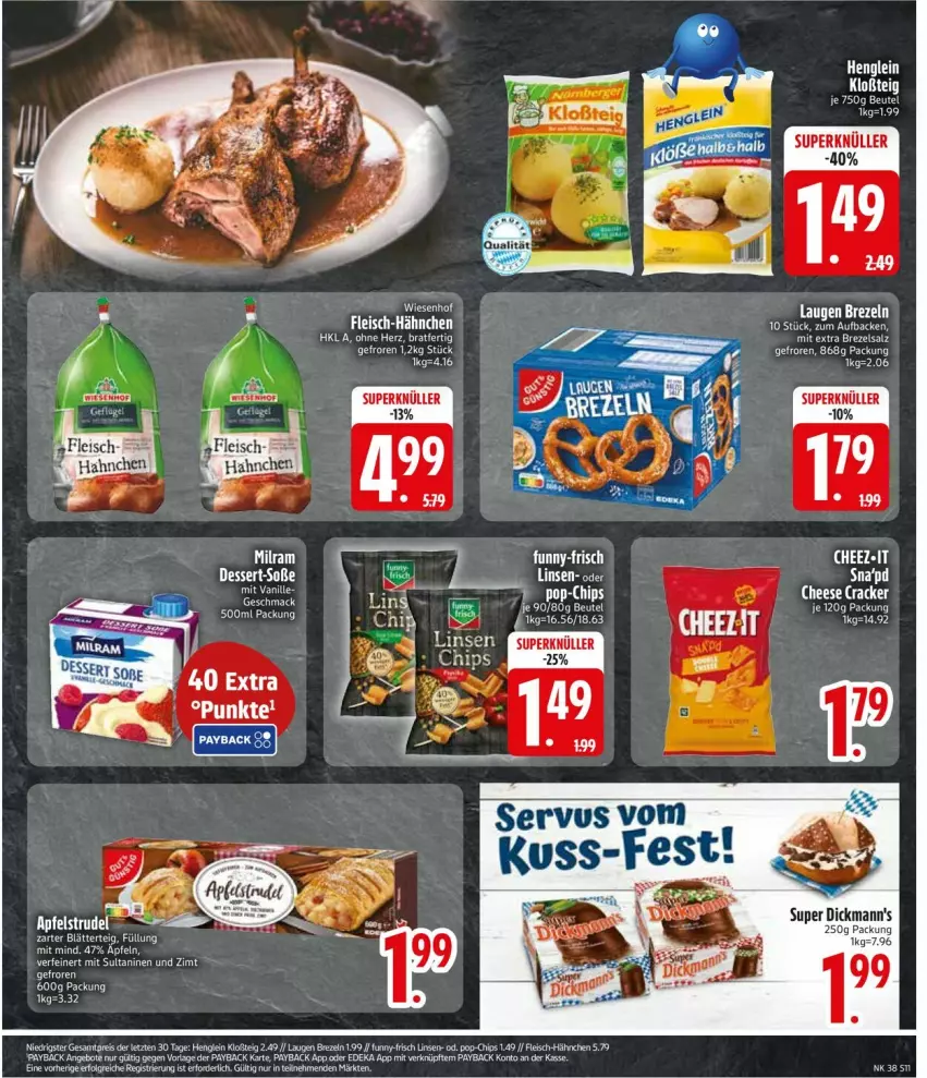 Aktueller Prospekt Edeka - Prospekte - von 15.09 bis 20.09.2025 - strona 13 - produkty: angebot, angebote, beutel, blätterteig, brezel, Brezeln, chips, cracker, deka, eis, fleisch, funny-frisch, henglein, linsen, mac, milram, payback, reis, salz, Ti, vanille, ZTE