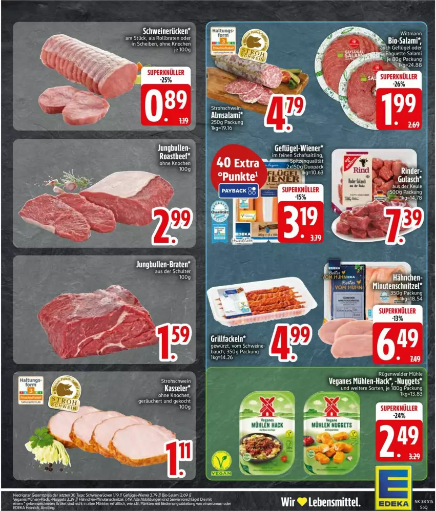 Aktueller Prospekt Edeka - Prospekte - von 15.09 bis 20.09.2025 - strona 17 - produkty: braten, ente, Geflügel, grill, grillfackeln, kasseler, minutenschnitzel, rind, rinder, rollbraten, salami, schnitzel, schwein, schweine, schweinerücken, tee, wein, weine, wiener, wiltmann, ZTE