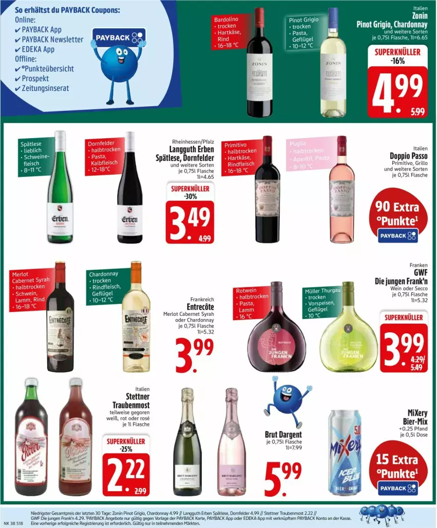 Aktueller Prospekt Edeka - Prospekte - von 15.09 bis 20.09.2025 - strona 20 - produkty: angebot, angebote, bier, brut, brut dargent, cabernet, chardonnay, coupon, coupons, deka, doppio passo, dornfelder, ecco, eis, elle, flasche, grill, grillo, LG, merl, merlot, Mixer, mixery, passo, payback, Pinot, pinot grigio, primitivo, reis, rind, Ti, trauben, wein, zonin, ZTE