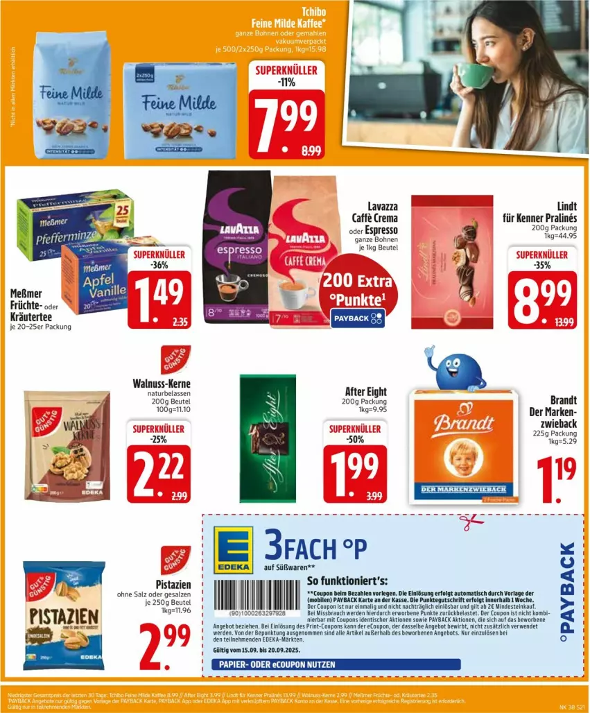 Aktueller Prospekt Edeka - Prospekte - von 15.09 bis 20.09.2025 - strona 23 - produkty: after eight, beutel, bohne, bohnen, brandt, caffe, coupon, deka, erde, espresso, früchte, kräuter, lavazza, lindt, Meßmer, natur, nuss, oder espresso, papier, payback, pistazien, salz, tee, Ti, walnuss