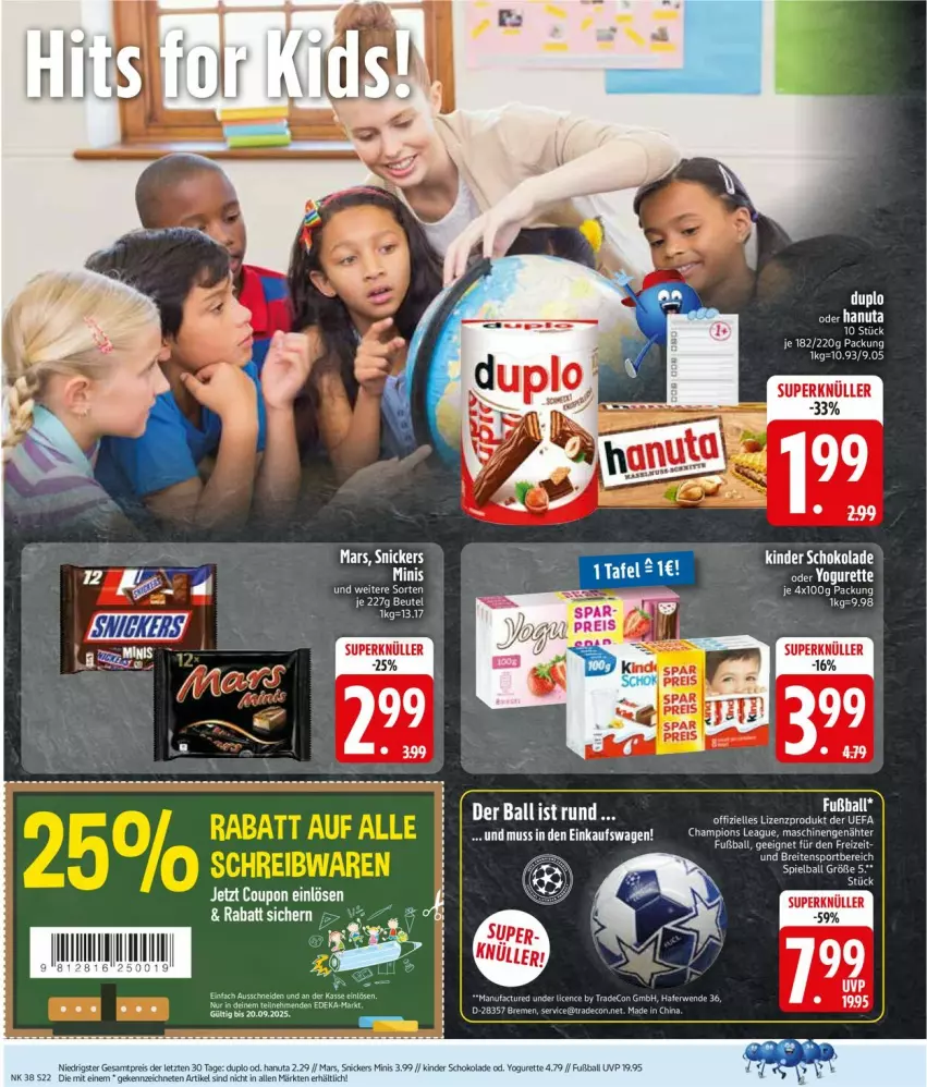 Aktueller Prospekt Edeka - Prospekte - von 15.09 bis 20.09.2025 - strona 24 - produkty: ball, Brei, champion, duplo, eis, Fußball, hafer, hanuta, Kinder, kinder schokolade, mars, reis, rel, rwe, schoko, schokolade, snickers, Sport, Ti, WICK, Yo, yogurette