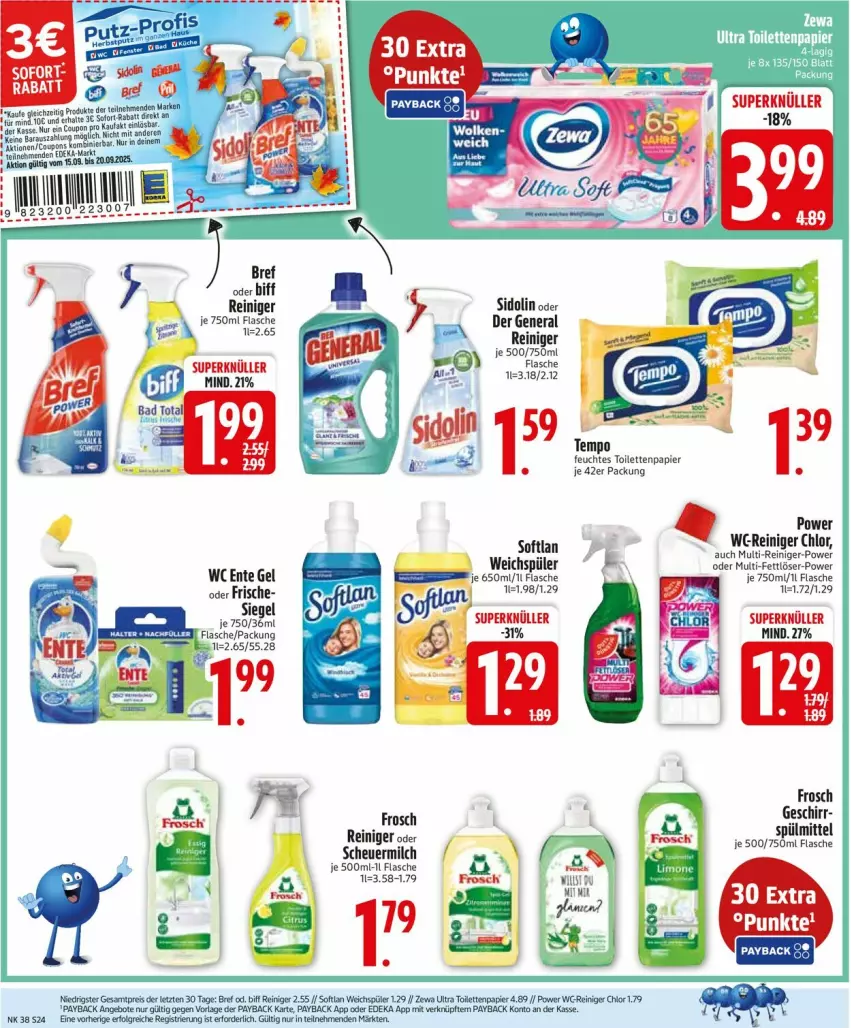 Aktueller Prospekt Edeka - Prospekte - von 15.09 bis 20.09.2025 - strona 26 - produkty: angebot, angebote, Bref, coupon, coupons, deka, eier, eis, ente, Fettlöser, feuchtes toilettenpapier, flasche, Frosch, Heu, LG, Müller, papier, payback, reiniger, reis, sidolin, Softlan, Ti, toilettenpapier, wc ente, weichspüler, zewa, ZTE