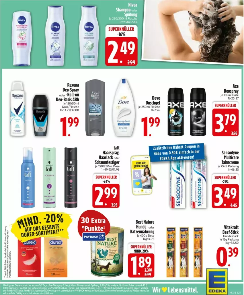 Aktueller Prospekt Edeka - Prospekte - von 15.09 bis 20.09.2025 - strona 27 - produkty: arla, axe, beef, coupon, creme, deka, deo, deospray, dove, Durex, duschgel, flasche, Haarlack, haarspray, hundesnack, katzennahrung, kraft, lack, natur, rabatt-coupon, rexona, roll-on, schaumfestiger, sensodyne, snack, Taft, Ti, vita, vitakraft, zahncreme