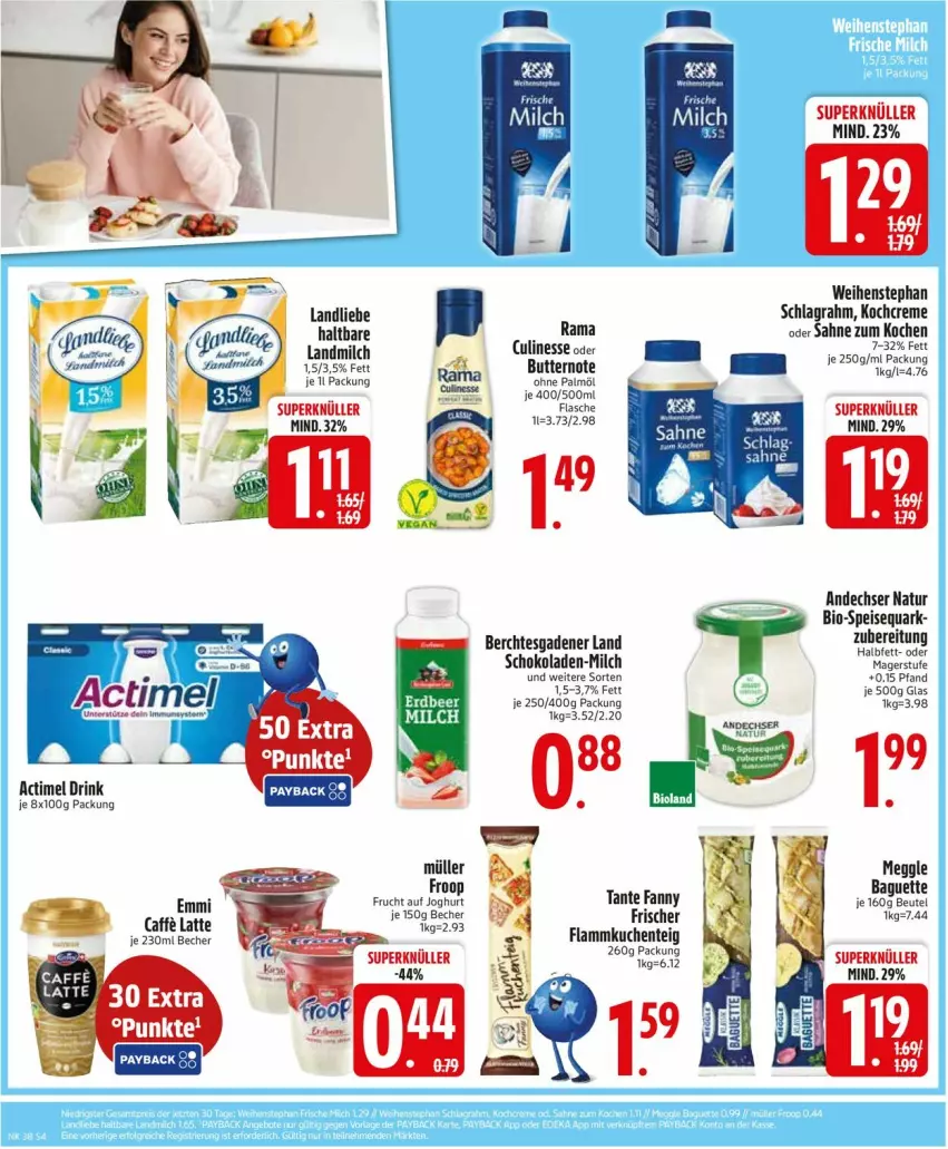 Aktueller Prospekt Edeka - Prospekte - von 15.09 bis 20.09.2025 - strona 6 - produkty: actimel, actimel drink, andechser natur, baguette, Becher, bio, butter, creme, drink, eis, emmi, ente, flammkuchen, Flammkuchenteig, flasche, Kochcreme, kuchen, lamm, landliebe, latte, meggle, milch, Müller, natur, ohne palmöl, quark, rama, sahne, schlagrahm, schoko, schokolade, schokoladen, speisequark, tante fanny, Ti, weihenstephan