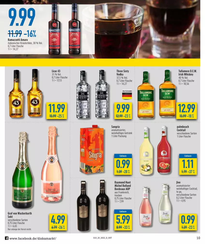 Aktueller Prospekt Diska - Prospekte - von 16.05 bis 21.05.2022 - strona 10 - produkty: amaro, cocktail, flasche, getränk, irish whiskey, kräuter, kräuterlikör, licor, licor 43, likör, rama, ramazzott, ramazzotti, Ria, sangria, sekt, Three Sixty, Ti, tullamore, vodka, wein, whiskey, zott