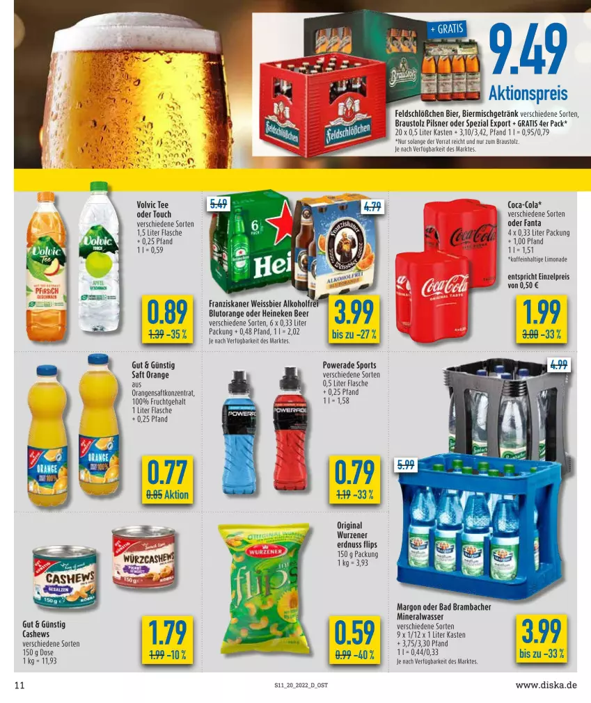 Aktueller Prospekt Diska - Prospekte - von 16.05 bis 21.05.2022 - strona 11 - produkty: aktionspreis, Alwa, aust, Bad, bier, Blutorange, eis, erdnuss, fanta, flasche, frucht, getränk, gin, heineken, limo, limonade, mineralwasser, nuss, orange, orangen, orangensaft, pils, pilsner, reis, saft, Spezi, Sport, tee, Ti, volvic, wasser, weissbier