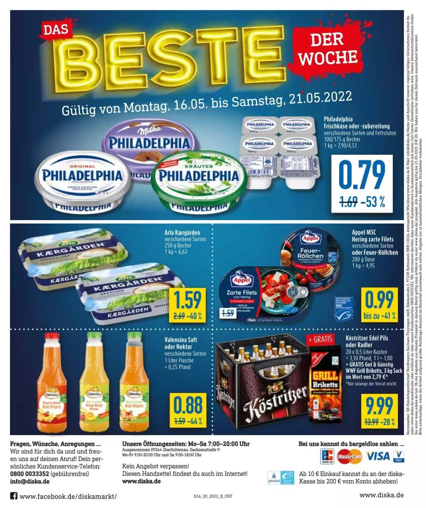 Aktueller Prospekt Diska - Prospekte - von 16.05 bis 21.05.2022 - strona 16 - produkty: angebot, angebote, Astra, Becher, deka, eis, ente, filet, filets, hering, köstritzer, oder radler, philadelphia, pils, radler, ring, sac, tee, telefon, Ti, uhr, uhu, Yo