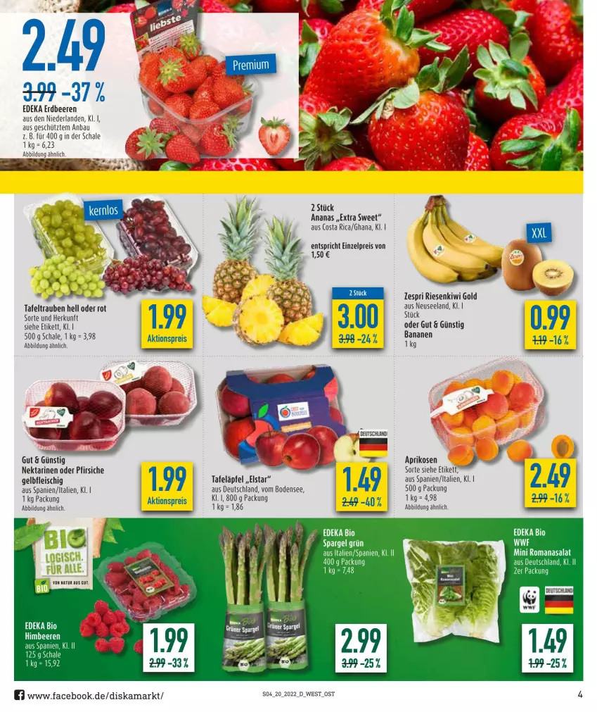 Aktueller Prospekt Diska - Prospekte - von 16.05 bis 21.05.2022 - strona 4 - produkty: ananas, aprikose, aprikosen, banane, bananen, Bau, beere, beeren, bio, deka, edeka bio, eis, Elan, erdbeere, erdbeeren, fleisch, himbeer, himbeere, himbeeren, kiwi, Kiwi Gold, natur, Nektar, nektarinen, nektarinen oder, oder pfirsiche, pfirsich, pfirsiche, reis, Romanasalat, salat, Schal, Schale, spargel, spargel grün, tafeläpfel, tafeltrauben, Ti, trauben, ZTE