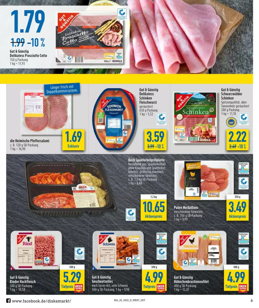 Aktueller Prospekt Diska - Prospekte - von 16.05 bis 21.05.2022 - strona 6 - produkty: aktionspreis, eis, elle, filet, fleisch, fleischwurst, geschnetzeltes, grill, grillplatte, hackfleisch, hähnchenbrust, Holz, kotelett, latte, LG, medaillons, pfeffer, prosciutto, pute, reis, rind, rinder, salami, schinken, schwarzwälder schinken, spitzenqualität, tee, Ti, tiefpreis, wurst, Zelt