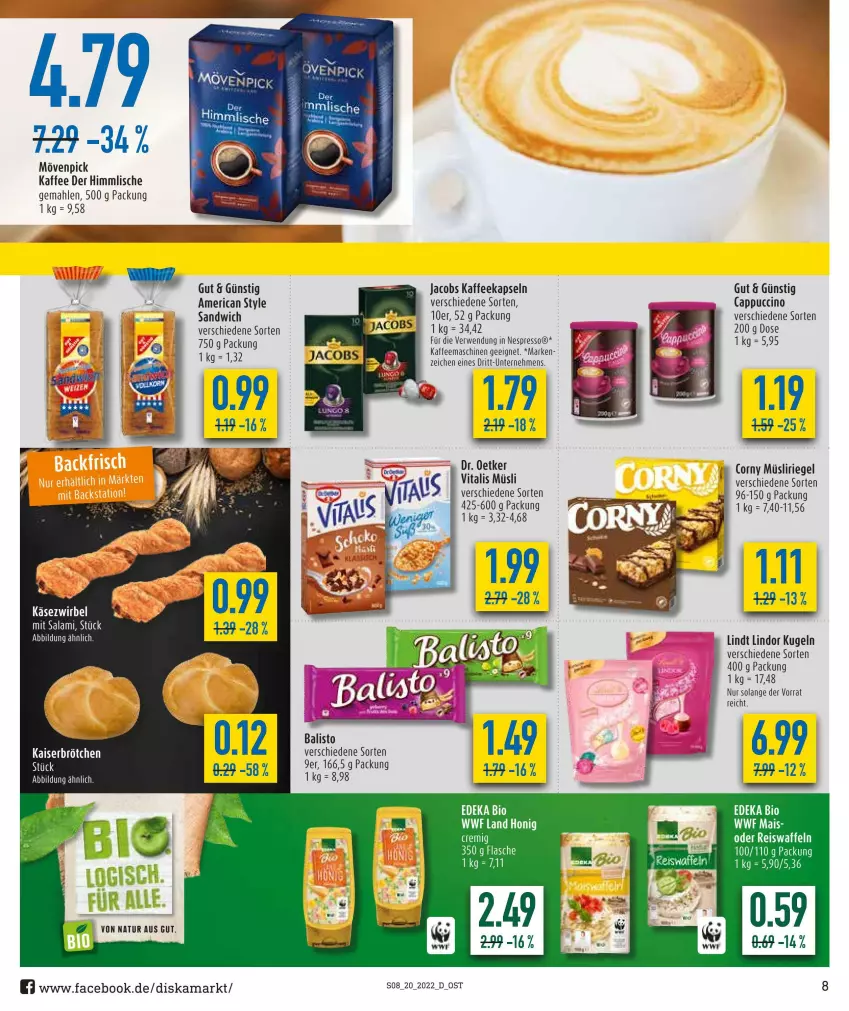 Aktueller Prospekt Diska - Prospekte - von 16.05 bis 21.05.2022 - strona 8 - produkty: bio, brötchen, Cap, cappuccino, cin, corny, deka, edeka bio, eis, eiswaffeln, flasche, honig, jacobs, kaffee, kaffeekapseln, Kaiser, Käse, Käsezwirbel, Kugel, lindor, lindt, mövenpick, mövenpick kaffee, müsli, Müsliriegel, natur, reis, Reiswaffeln, riegel, sandwich, Ti, vita, vitalis, vitalis müsli, waffeln