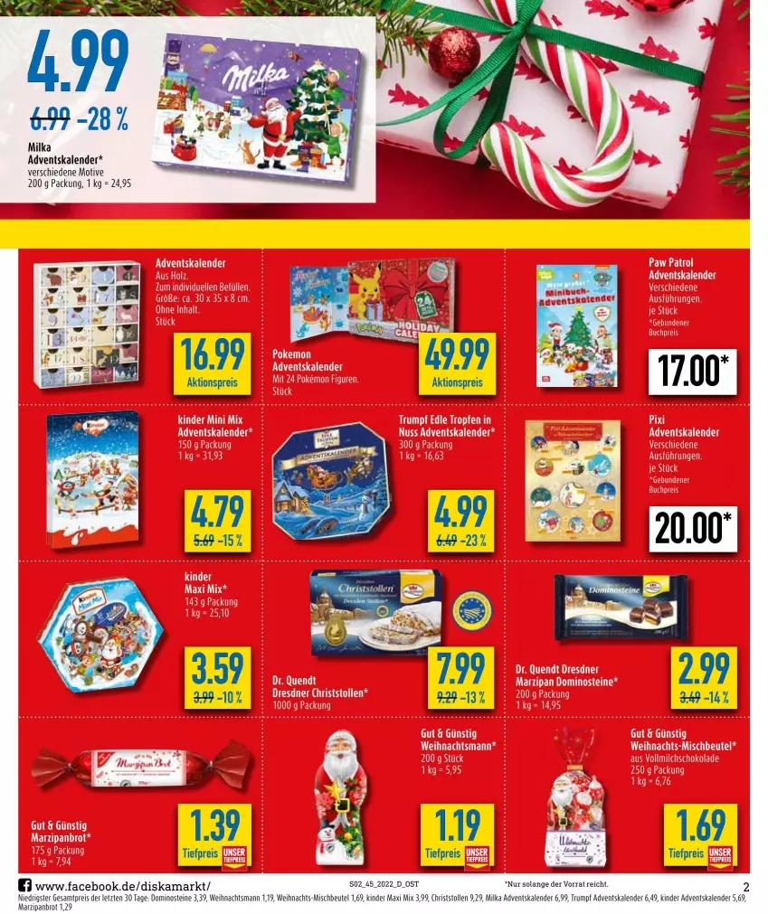 Aktueller Prospekt Diska - Prospekte - von 07.11 bis 12.11.2022 - strona 2 - produkty: Adventskalender, beutel, brot, Dominosteine, eis, Kinder, marzipan, milka, reis, rum, Stollen, tee, Ti, tiefpreis, ZTE