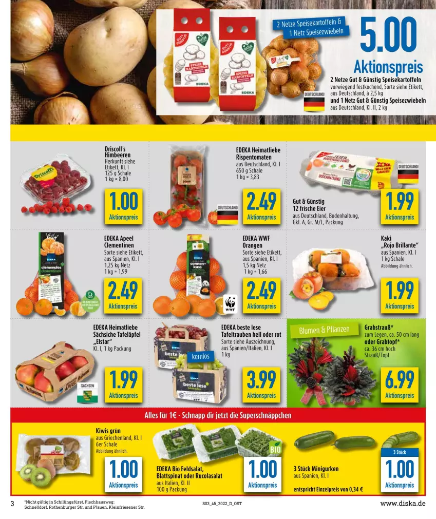 Aktueller Prospekt Diska - Prospekte - von 07.11 bis 12.11.2022 - strona 3 - produkty: aktionspreis, beere, beeren, bio, blattspinat, bsf, burger, clementinen, cola, deka, edeka bio, eier, eis, feldsalat, fisch, gurke, gurken, himbeer, himbeere, himbeeren, Kaki, kartoffel, kartoffeln, kiwi, orange, orangen, reis, rispentomaten, rucola, salat, Schal, Schale, speisekartoffeln, Speisezwiebeln, spinat, tafeläpfel, tafeltrauben, Ti, tomate, tomaten, trauben, zwiebel, zwiebeln