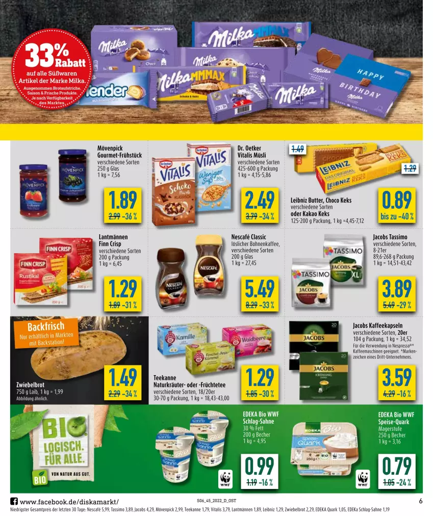 Aktueller Prospekt Diska - Prospekte - von 07.11 bis 12.11.2022 - strona 6 - produkty: Becher, bio, bohne, bohnen, bohnenkaffee, brot, butter, deka, Dr. Oetker, edeka bio, eis, espresso, früchte, Früchtetee, jacobs, jacobs tassimo, kaffee, kaffeekapseln, kaffeemaschine, kakao, keks, kräuter, leibniz, mövenpick, müsli, natur, nescafe, nespresso, quark, reis, rwe, sahne, sim, tassimo, tee, teekanne, vita, vitalis, vitalis müsli, ZTE, zwiebel